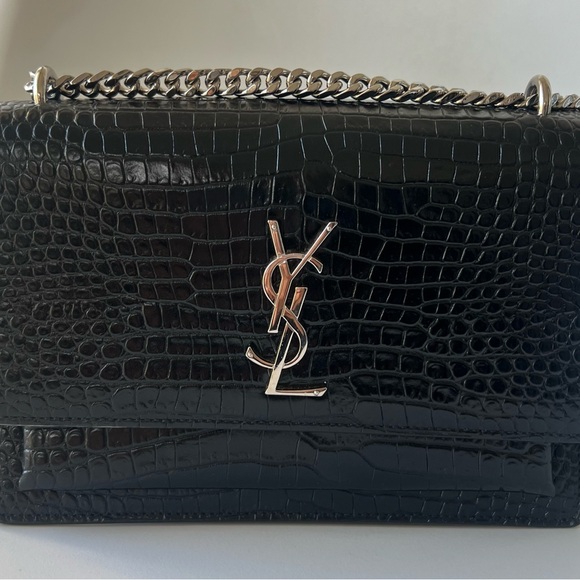 Yves Saint Laurent Black Croc-Pattern Shoulder Bag - Picture 1 of 5
